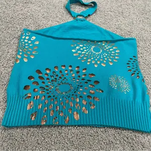 Y2K Halter Top Sz Medium Turquoise Metallic Printed Top thumbnail 11