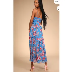 Lulus‎ Tropical Skies Blue Floral Maxi Dress Wedding Guest Side Slit Size L thumbnail 7