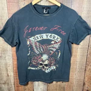 Forever 21 Gray NYC Eagle Skull Graphic Tee Rhinestone Edgy Grunge Small thumbnail 1