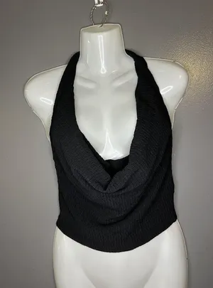PrettyLittleThing Tank Top Womens 8 Black Textured Halter Cropped Stretch thumbnail 1