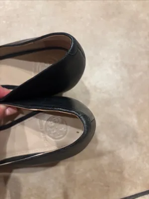 Tory Burch Black & Gold Sally Peep Toe Leather Wedges thumbnail 4