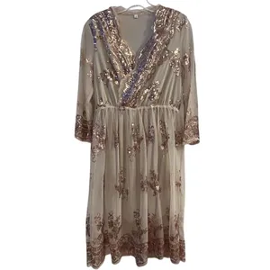 Rouge Women's M Beige Champagne V-Neck‎ Midi Dress with Rose Gold Sequins thumbnail 2