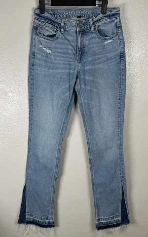 American Eagle 90s Low Rise Skinny Kick Jeans Womens 4Long Raw Hem Stretch Boho thumbnail 1