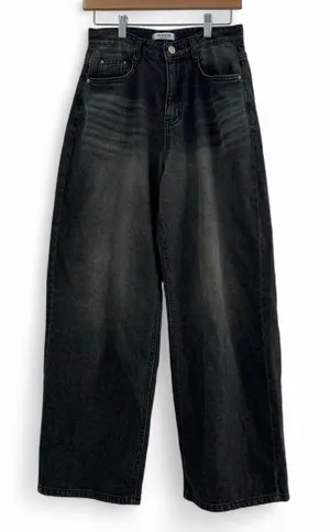 Lewkin Wide Leg Black Wash Jeans High Rise Korean Minimalist thumbnail 1