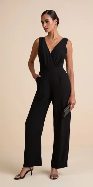 Lulus Kiska Black Lace Plunge V-Neck Wide Leg Jumpsuit Sleeveless Size Large thumbnail 1