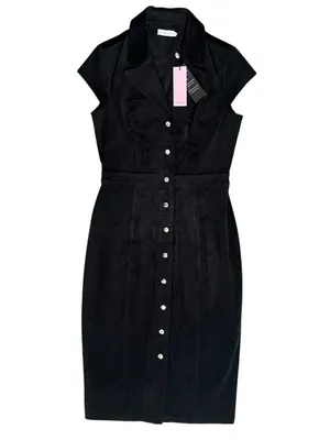 Avec Les Filles Women’s Black Corduroy Button Front Short Sleeve Midi Dress Sz 6 thumbnail 2
