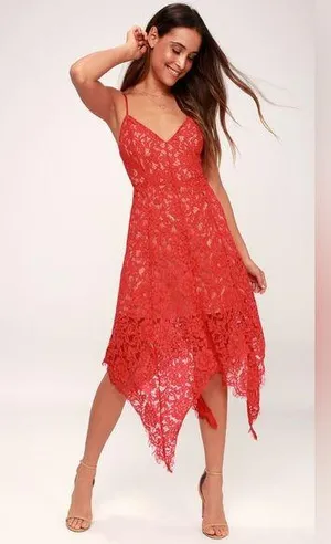 Lulus | One Wish Red Lace Midi Dress, size M thumbnail 1