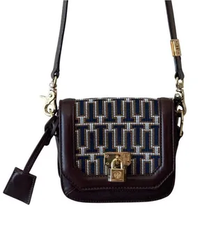 Tory Burch Mini Crossbody‎ Navy Brown Logo Jacquard Lock Bag thumbnail 1