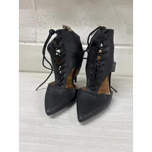 Jessica Simpson 6 Black Faux Leather Lace Up Cut Out Stiletto Heel Bootie Pumps thumbnail 2