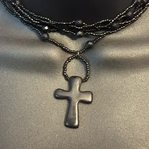 Black multi strand beaded cross pendant choker necklace thumbnail 3