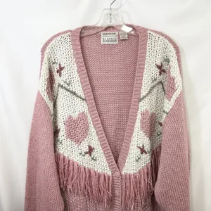 VTG Plus Size 20W Sweater Pink‎ Hand Knit Heart Fringe Cardigan Cottagecore 774 thumbnail 5
