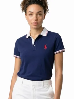 POLO Ralph Lauren navy blue Polo shirt w/large red Polo logo & white trim Medium thumbnail 1