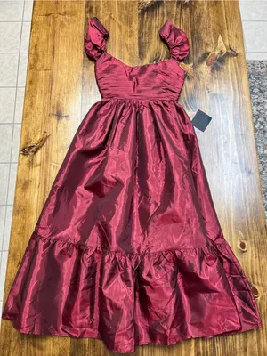 Lulus Poised Passion Wine Red Taffeta Pleated Ruffle Midi Dress Size XS NWT thumbnail 5