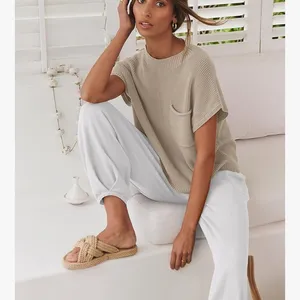 Neutral Knit Top & White Jogger Lounge Set Tan Size M thumbnail 2