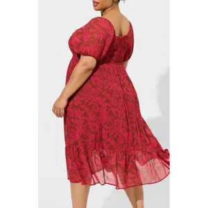 Torrid Midi Dress 1X Smocked Square Neck Chiffon Wedding Guest Flowy Pink Modest thumbnail 2