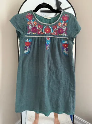 entro Teal Embroidered Mini Dress with Multicolor Floral Accents thumbnail 1