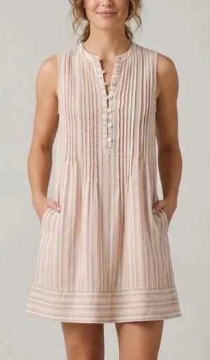 Faherty Isha Organic Cotton Striped Pintuck Sleeveless Shift Dress Peach Blue XS thumbnail 1
