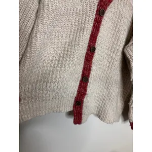 POL Turtleneck Cardigan Sweater Womens L Oatmeal Red Excellent Asymmetrical Knit thumbnail 2