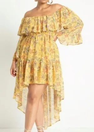 Eloquii Floral Yellow Ruffled Off Shoulder High-Low Dress Size 16 thumbnail 1