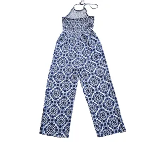 Patrons of Peace 41G Blue White Tile Print Halter Smocked‎ Wide Leg Jumpsuit S thumbnail 6
