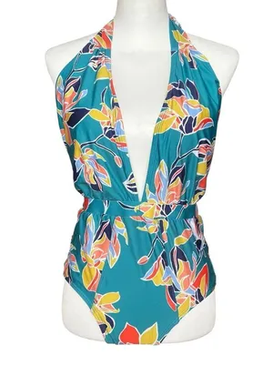 ModCloth Swimsuit Women’s Medium Teal Floral One Piece Bethany Halter Retro thumbnail 7