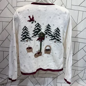Christopher & Banks Sweater Small White Winter Cardinal‎ Hand Embroidered 2003 thumbnail 2