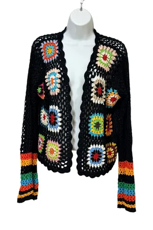 Womens Black Crochet Granny Square Open Front Cardigan Multi Color Boho Size L thumbnail 1