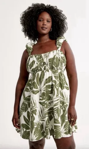 Abercrombie & Fitch Dress Womens XL Green Linen Tropical Leaf Palm Sundress thumbnail 1