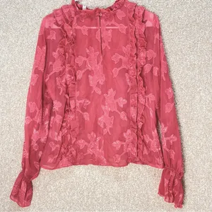 Leith floral blouse sheer ruffle pleated front keyhole‎ back coquette FLAWS thumbnail 3