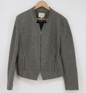 LOFT Jacket Womens 12 Full Zip Collarless Moto Grey Textured Cotton Blend thumbnail 1