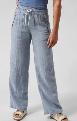 Athleta Cabo Wide Leg Linen Pants Blue Gray Chambray Women’s Coastal Grandma thumbnail 1
