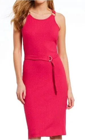 Michael‎ Michael Kors Ribbed Knit Midi Dress Red Pink Ring Shoulder Belted Small thumbnail 1