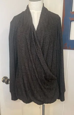 Anthropologie Wrap Front Long Sleeve Knit Top in Dark Charcoal size medium thumbnail 1