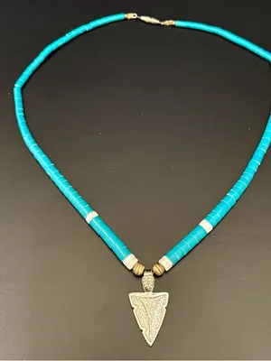 Vintage Southwestern Silver-tone Turquoise Heishi Beads Pendant Necklace thumbnail 2