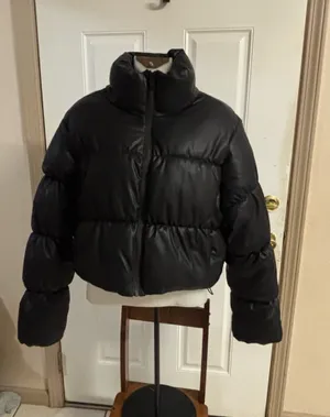 Large Ci Sono black mock neck, zip up faux leather puffer jacket thumbnail 1