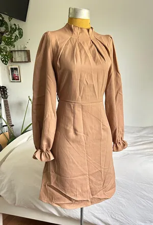Tan mock neck knee length modest dress thumbnail 1