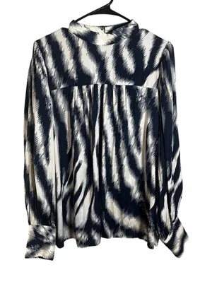 Maison d'Amélie‎ Navy White Abstract Zig Zag Mock Neck Long Sleeve Blouse Large thumbnail 1