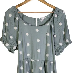 Blu Pepper Womens Babydoll Polka Dot Tiered Dress Size L Sage Green Cottagecore thumbnail 3