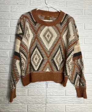 POL Sweater Womens Medium Brown Geometric‎ Diamond Knit Crochet Trim Good JST600 thumbnail 1