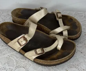 Birkenstock white leather straps slip on sandals sz 8 thumbnail 1