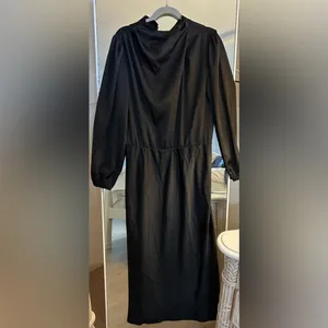 NEW Black Mock Neck Satin Maxi Dress Elegant Long Sleeve XL thumbnail 3