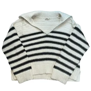 Faherty Women's Organic Cotton Ivory Striped Cropped Sailor Collar Sweater XL thumbnail 1