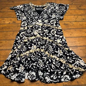 Anthropologie Black White Gold‎ Floral Tiered Ruffle V Neck Dress Size S thumbnail 1
