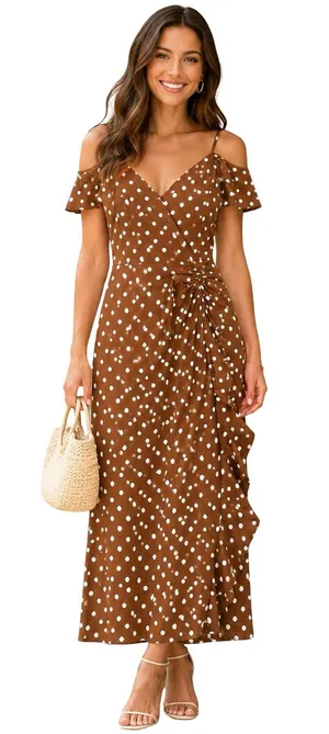 ZXQJ Brown Polka Dot Cold Shoulder Midi Wrap Dress Ruffle Pretty Woman Small S thumbnail 1
