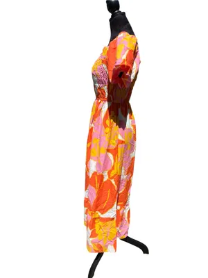 Ana & Rose Floral Smocked Midi Dress Puff Sleeve Tropical Boho Orange Pink L thumbnail 9