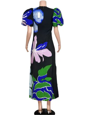 ANTHROPOLOGIE Puff-Sleeve A-Line Maxi Dress, Black Floral, Small thumbnail 7