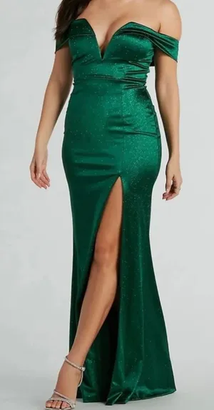 NEW WINDSOR Eileen Hunter Green Satin Mermaid Glitter Formal Gown Dress Small thumbnail 1