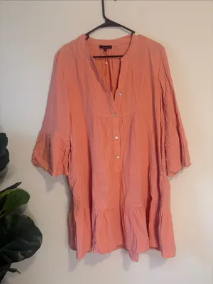 Quince Coral Tiered Button-Front Long Sleeve Tunic Dress thumbnail 1