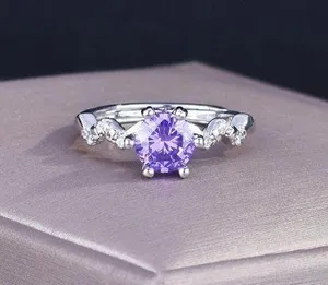 18K White Gold Plated Adjustable Birthstone Purple Crystal Amethyst Ring for Women thumbnail 1