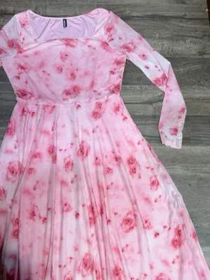 Blush Pink Floral Long-Sleeve Midi Dress with Square Neck Size L thumbnail 5